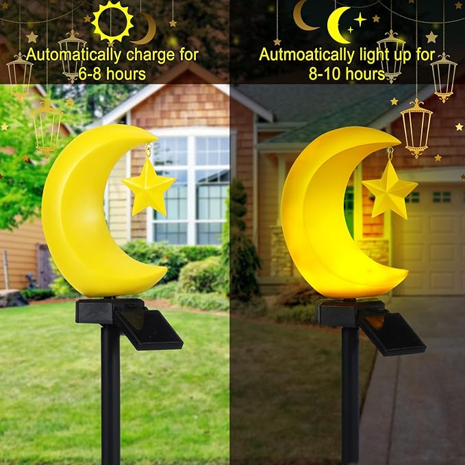 2 Pack Solar Eid Mubarak Lights Decorations Outdoor Ramadan Lights Moon Star Stakes Solar Light Eid Mubarak Decorations Ramadan Lantern Waterproof for Pathway Garden Patio Lawn Yard Walkway Decor
