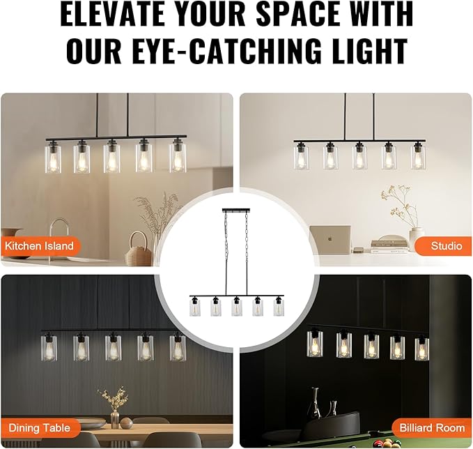 VEVOR 5-Light Kitchen Island Pendant Lights, 60W, Adjustable Dining Room Light Fixture with Clear Glass Lampshade 4 Rods 2 Metal Chains, Metal Frame Farmhouse Linear Chandeliers for Dining Room, E26