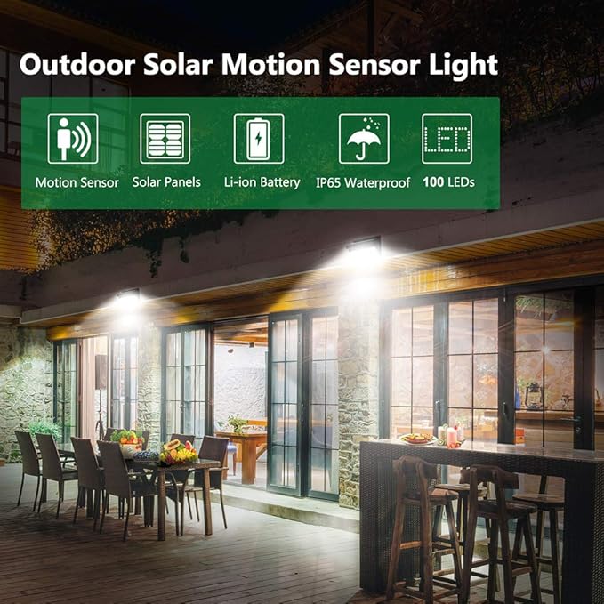 Luposwiten 100 LED Solar Lights Outdoor Waterproof - 2000 Lumens Solar Motion Lights Outdoor with 125° Lighting Angle, Easy-to-Install for Front Door, Yard, Garage, Garden (2-Pack)