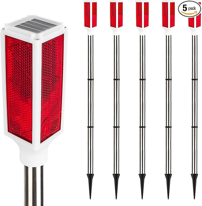 5 PCS Solar Driveway Markers, Solar Powered Driveway Lights on Poles, Outdoor Landscape Reflectors for Snow Road, Yard, Parking Lot, and Sidewalk (Red)