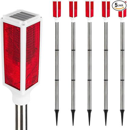 5 PCS Solar Driveway Markers, Solar Powered Driveway Lights on Poles, Outdoor Landscape Reflectors for Snow Road, Yard, Parking Lot, and Sidewalk (Red)