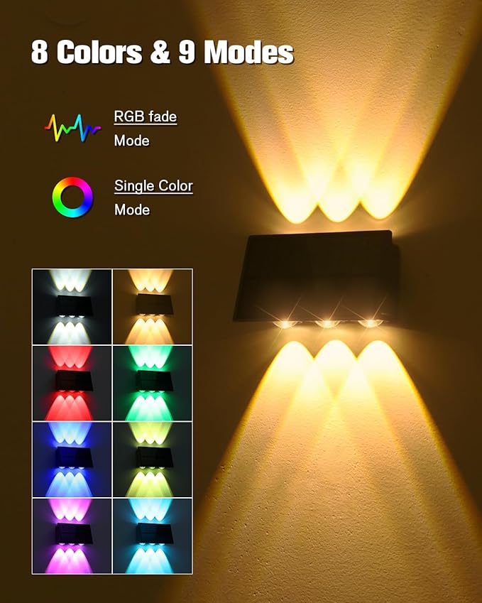 VOLISUN Solar Fence Lights 12 Pack, Color Glow LED Up and Down Wall Lamp, IP65 Waterproof Solar Lights Outdoor for Patio, Backyard, Railing, Deck, Fence and Wall（6 Lenses）