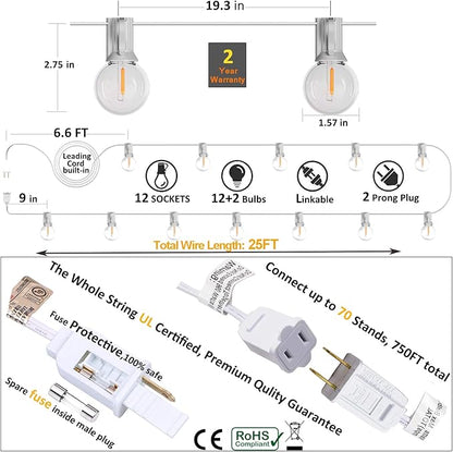 Outdoor Globe String Lights White - G40 Outdoor Lights Patio String Lights Linkable Waterproof with 14 Shatterproof Clear Bulbs(2 Extra) for Wedding Party Pergola Gazebo Lights