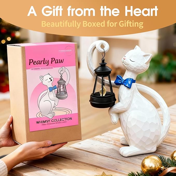WHIMSYNOOK 10.7" White Cat Solar Garden Light Statue – Outdoor Garden & Yard Decor, LED Lantern, Gift for Cat Lovers