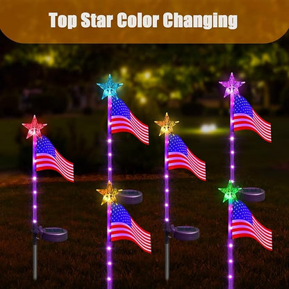 US Flag Solar Garden Lights, 4 Pack 24 LED 7 Color Changing American Flag Landscape Light, 4th of July Outdoor Decor Star Solar Stake Lights for Yard Patio Walkway Pathway (4)