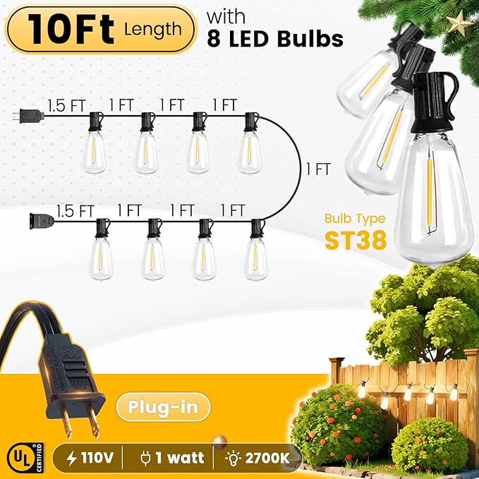 10FT Outdoor String Lights - Waterproof LED Patio Lights Shatterproof ST38 Edison Bulbs, Connectable Hanging | Lumora