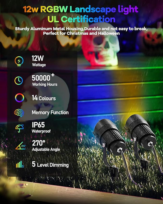 HIBOITEC RGBW Low Voltage Landscape Lighting 12W with Remote Connectors Spotlights Landscape Lights 12-24V AC/DC Waterproof for House Yard Trees Outdoor Christmas 2Pack(Transformers NOT Included)