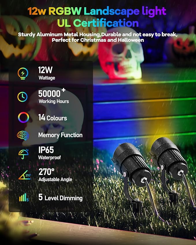 HIBOITEC RGBW Low Voltage Landscape Lighting 12Pack 12W with Remote Connectors Spotlights Landscape Lights 12-24V | Lumora
