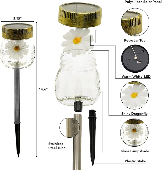 Crosslight 3-Pack Glass Daisy Flower in a Jar Stake Lights - Solar LED Waterproof Outdoor Garden Decor - Decorative Electronic Light Fixture Jars for Yard, Lawn, Patio, Deck, Pathway, Pond, Backyard