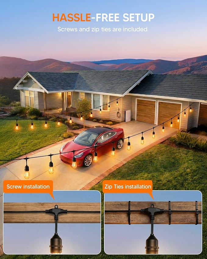50FT S14 Outdoor String Lights, 32+2 Shatterproof Bulbs 2W, 1.5FT Spacing IP65 Waterproof| Dimmable with Remote, Heavy-Duty, Include Screw & Zip Ties for Patio Backyard Holiday Outside