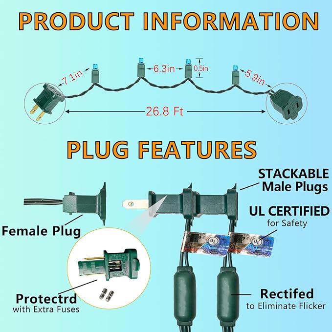 25ft 50 Counts Aqua LED Christmas Lights - Commercial Grade Outdoor Waterproof, Wide Angle Green Wire, Xmas Tree Lights, IP65, UL Listed