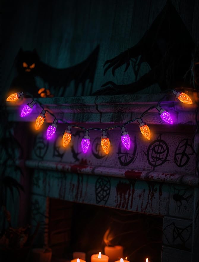 26FT Halloween String Lights Outdoor, 50 C7 LED Orange and Purple String Lights, Plug-in Halloween Patio Decorative Lights for Indoor Christmas Backary Porch House Holiday Party Decor
