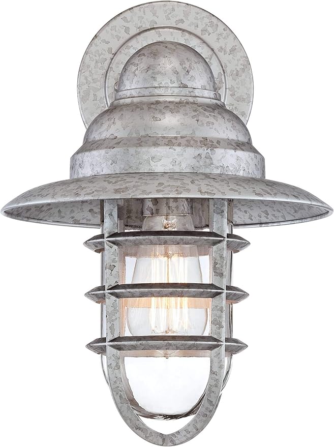 John Timberland Marlowe 13 1/4" High Farmhouse Rustic Modern Hooded Cage Outdoor Wall Light Fixture Mount Porch House Exterior Outside Set of 2 Edison Bulb Weatherproof Galvanized Clear Glass Shade