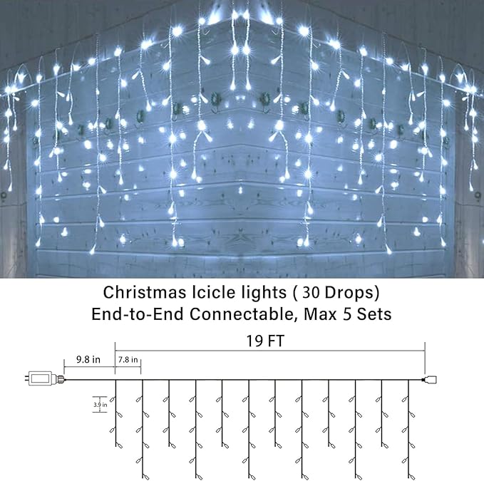 Joomer Christmas Icicle Lights - 19FT Outdoor String Lights Waterproof, 8 Modes Timer Connectable Plug-in String Light for Christmas Party, Eaves, Roofs, Xmas Decorations (White)