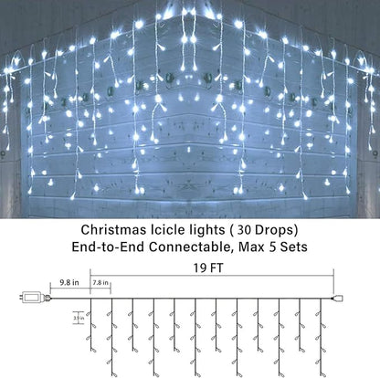 Joomer Christmas Icicle Lights - 19FT Outdoor String Lights Waterproof, 8 Modes Timer Connectable Plug-in String Light for Christmas Party, Eaves, Roofs, Xmas Decorations (White)