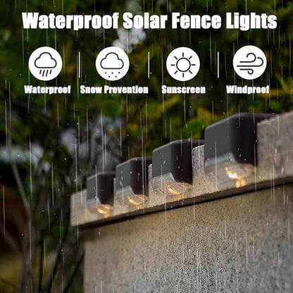 Solar Fence Deck Lights Outdoor Waterproof 4 Pack, LED Solar Fence Lights for Step, Outside Stairs, Yard, Patio, Pathway, Backyard (Warm White)