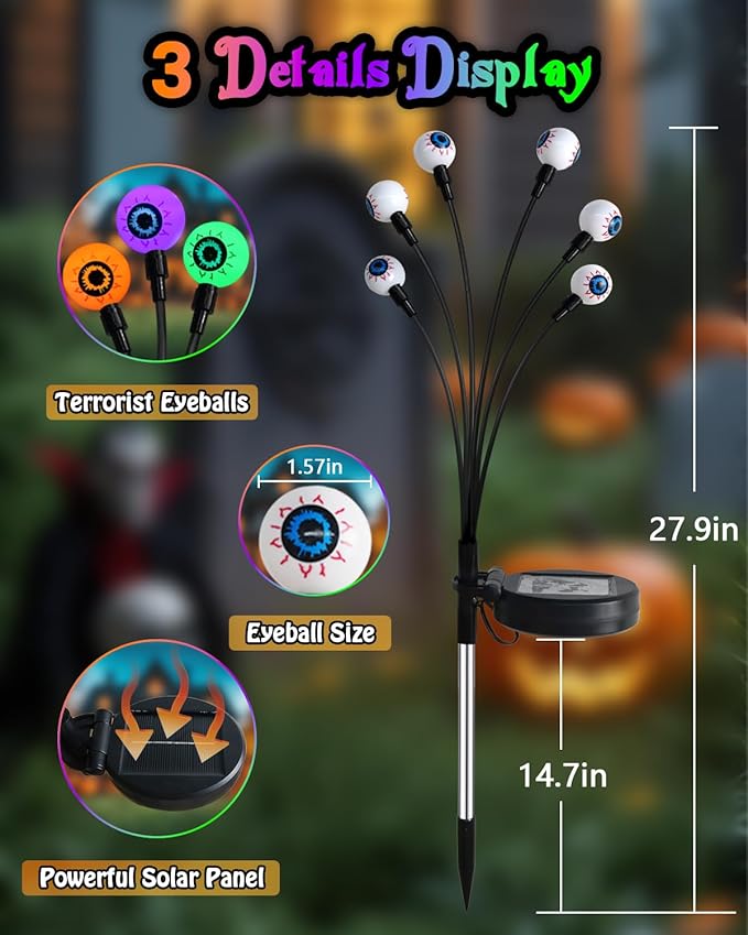 Solar Halloween Eyeball Lights Outdoor, 8Pack 48LED Purple Orange and Green Waterproof Eyeball Swaying Firefly Lights, Solar Halloween Pathway Light for Garden,Yard, Party, Halloween Decorations