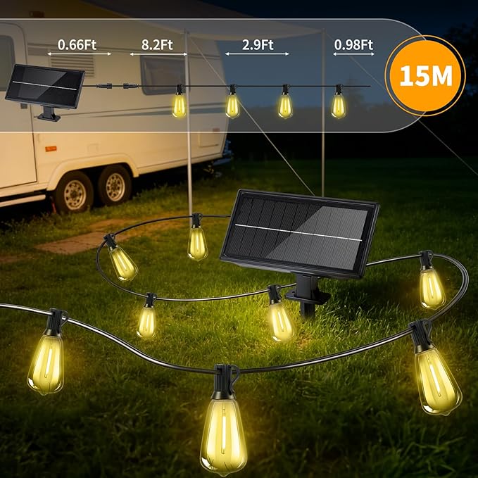 Solar Lights Outdoor Waterproof: ST38 50FT 15M Shatterproof Bulbs Patio Lights - Solar Powered & USB Charging | Lumora