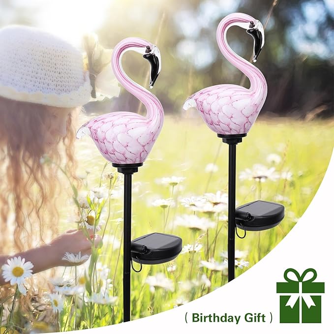 Afirst Solar Outdoor Decorative Lights - Flamingo Handblown Glass Garden Stakes 4" W 2 Pack