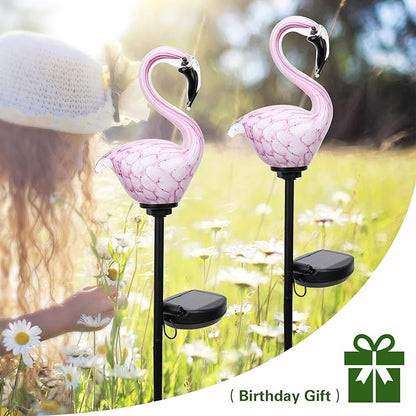 Afirst Solar Outdoor Decorative Lights - Flamingo Handblown Glass Garden Stakes 4" W 2 Pack