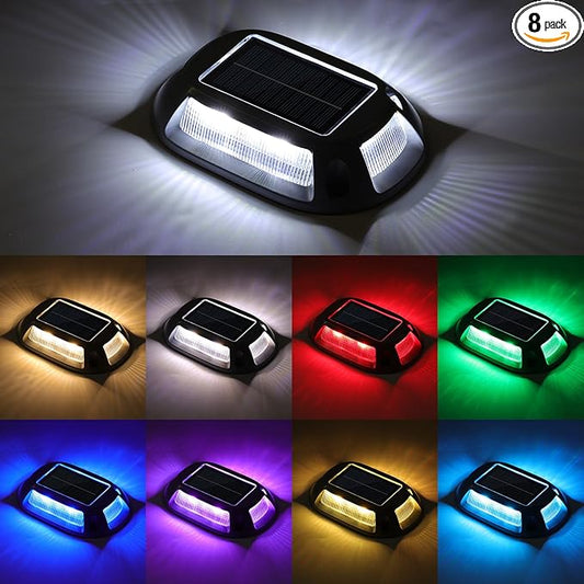 VOLISUN Solar Driveway Lights Dock Deck Lights 8 Pack,9 Colors in 1 Led IP67 Waterproof Outdoor Warning Step Light for Driveway Sidewalk Pathway RGB