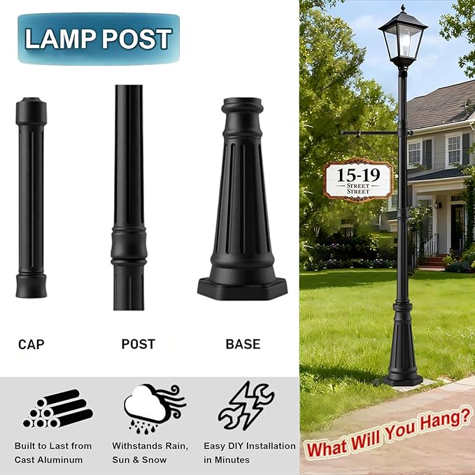 Universal Outdoor Post Light Pole with Hanging Arm, Black Cast Aluminum Pole with 2.36" Fitter Mount, 76in Tall | Lumora