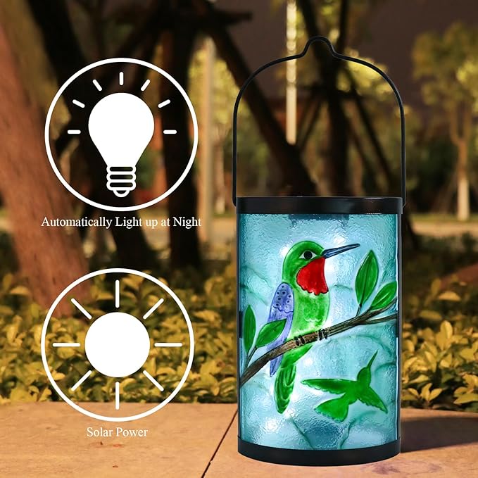 Hanging Solar Lantern Outdoor Waterproof Hummingbird Solar Lights Glass Tabletop Decorative Lamp for Outdoor Patio | Lumora