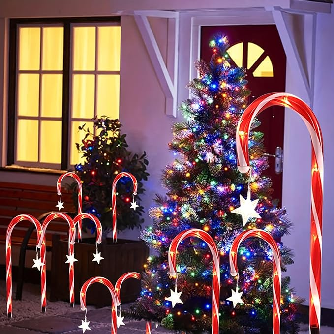 12 Packs Christmas Candy Cane Lights Outdoor Solar Powered Christmas Pathway Lights with Stars Waterproof for Yard | Lumora
