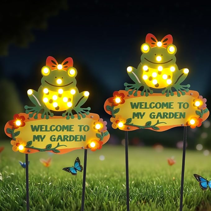Frog Solar Lights Outdoor Garden 43.7" with 18 Bulbs Solar Powered String Lights, Large Welcome to My Garden Green Yard Stakes for Pathway, Lawn, Patio, Outdoor Decor