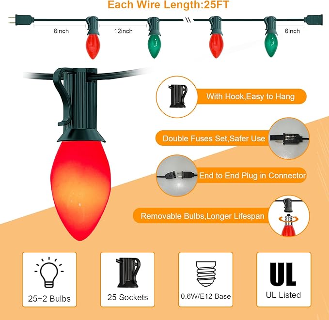 C7 LED Christmas Lights, 25Ft C7 Red Green Ceramic String Lights with 27 Red Green Bulbs, LED Vintage Christmas Lights for Christmas Tree Decor Patio, 0.6 Watt E12 Candelabra Base