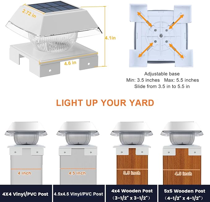 Suamote Solar Post Cap Lights Outdoor, Fits 4x4 Wood/Vinyl Posts, Post Lights Solar-Powered IP65 Waterproof for Yard, Deck, Fence, Efficient 1500mAh Battery, 120 Lumen, Warm White & Cold White