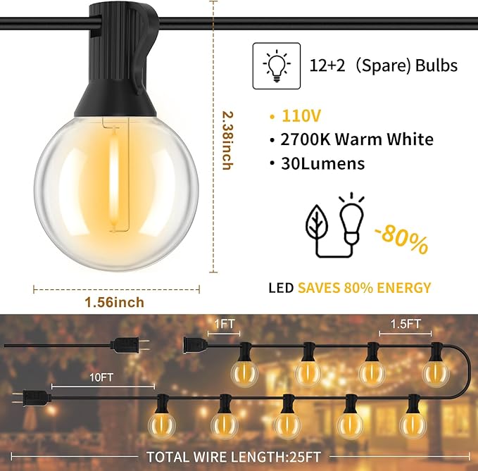 25FT G40 Outdoor String Lights, Waterproof Patio String Lights with 12 Plastic Bulbs, Shatterproof Outdoor Lighting | Lumora