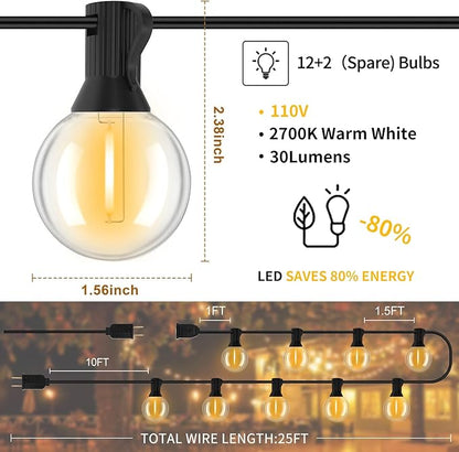 25FT G40 Outdoor String Lights, Waterproof Patio String Lights with 12 Plastic Bulbs, Shatterproof Outdoor Lighting for Patio Backyard, Porch, Dimmable