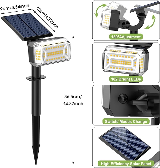 102 LED Solar Spot Lights Outdoor Waterproof IP65, Adjustable Landscape Spotlights, [8 Pack/4 Modes] Auto On/Off | Lumora