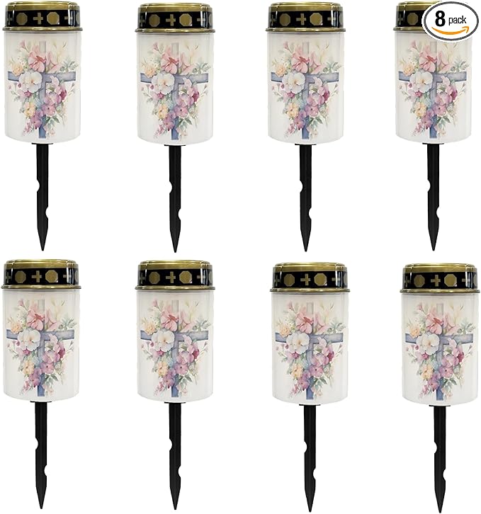 Cemetery Solar Lights for Grave,Cross Floral Pink Garden Solar Lights Waterproof Solar Powered Stake Lights Pathway Lights Outdoor Flameless Warm White Lantern Yard Spotlights LED Lantern