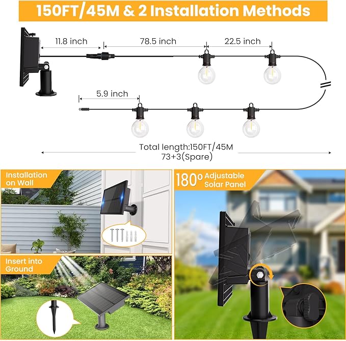 ZOTOYI 150FT Solar String Lights Outdoor Waterproof with USB Port and 73+3 Shatterproof G40 Bulbs, Solar Powered | Lumora