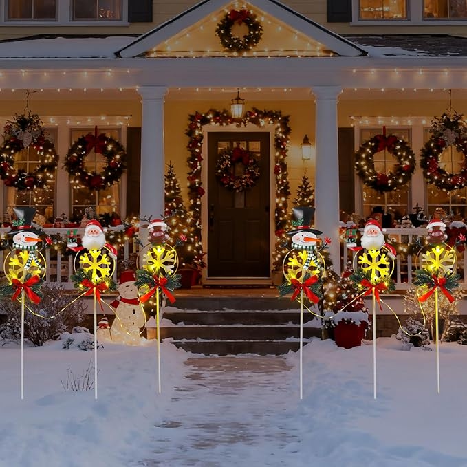 Christmas Yard Stakes Solar with Metal Santa, Snowman & Reindeer Set of 3, Christmas Grave Decorations with Solar | Lumora