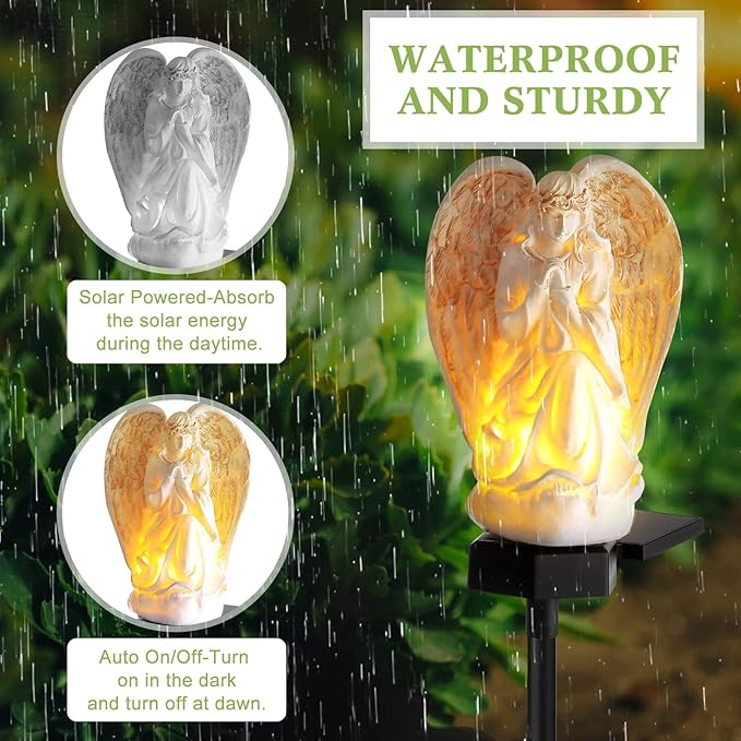 Hortsun 2 Pieces Garden Angel LED Solar Outdoor Lights Eternal Light Lawn Lamp Waterproof Solar for Outside Angel Cemetery Garden Decorations Yard Lawn Pathway Figurines