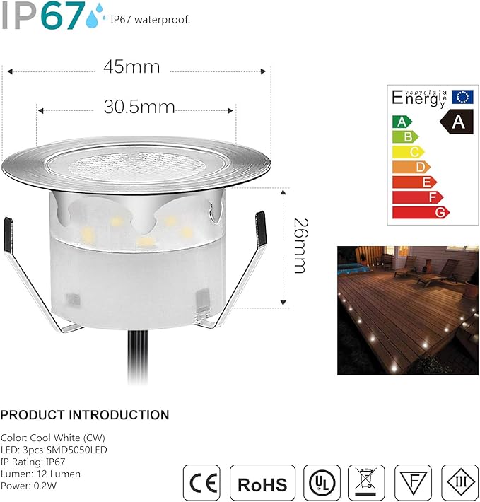 Deck Lights Outdoor Waterproof Low Voltage Lighting Kit Stainless Steel 1W Outdoor Yard Garden Decoration Lamps Landscape Pathway Patio Step Stairs Silver Border(10pcs,Cool White)