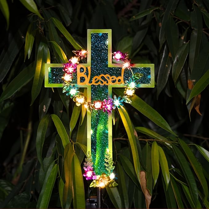 Solar Cross Stake for Cemetery Grave, Memorial Grave Decoration with Flowers and LED Light, Outdoor Solar Cross for Lawn Garden Pathway Decor (Blue)