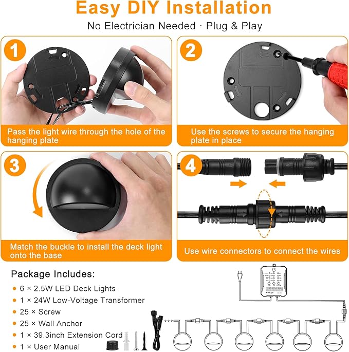 Low Voltage LED Deck Lights Kit with Transformer Timer, Dusk-to-Dawn Outdoor Step Lights Waterproof IP67, Warm | Lumora