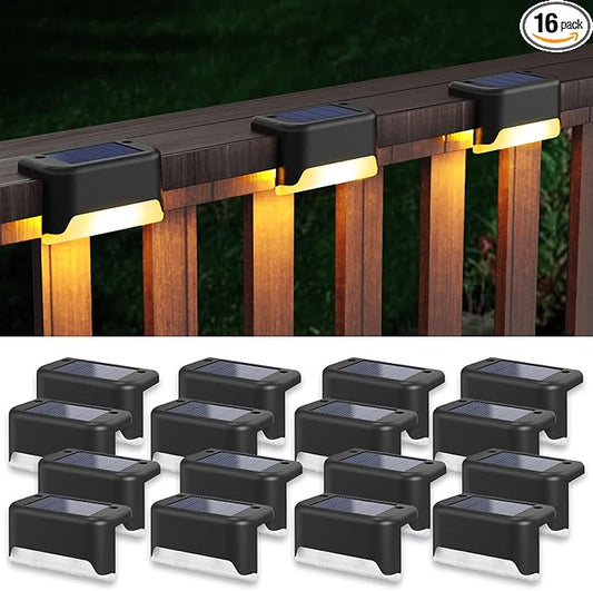 APONUO Solar Step Deck Fence Lights, Outdoor Waterproof Led, 1.77x3.14x1.73in, Black, Warm White, 16 Pcs, Path, Light, for Patio, Stairs, Garden Pathway, Step and Fences