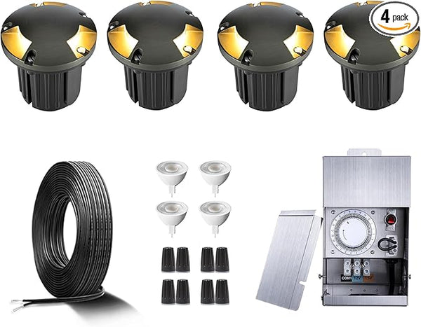 Gardenreet Brass Well Lights Landscape LED In Ground Kit(4 Pack) with 75W Low Voltage Transformer & MR16 Bulb & | Lumora