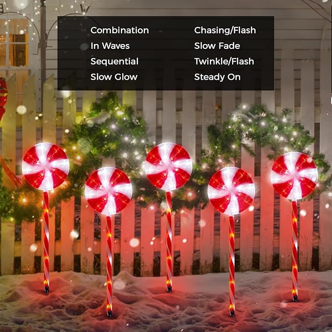 BRIGHTDECK Lollipop Solar Christmas Pathway Lights Outdoor, 10 Pack LED Christmas Decor with 8 Lighting Modes, Light Up Solar Stake Lights for Holiday, Xmas, Walkway, Sidewalk (Red, 10 PCS)