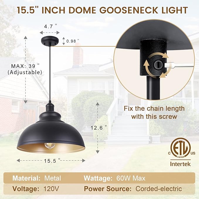 15 1/2in Large Dome Barn Pendant Light for Farmhouse, Black Ceiling Mounted Lighting with Brass Interior for | Lumora