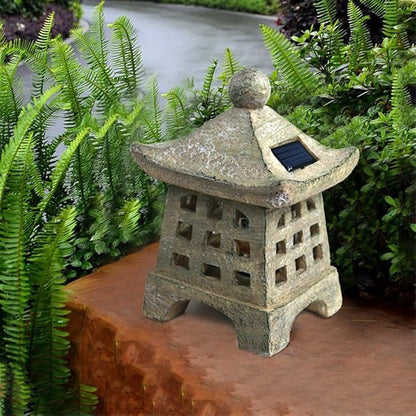 Solar Outdoor Garden Light Japanese Style Pagoda Resin Statue Solar Pathway Decor for Patio Lawn
