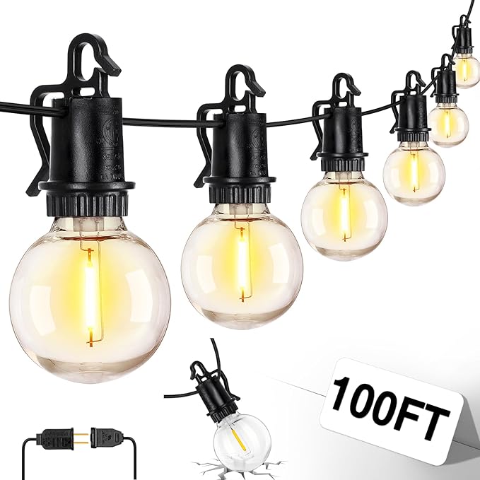 ZJOJO 100FT Outdoor String Lights, G40 Globe Outdoor Lights with 50 Shatterproof LED Bulbs (3 Spare), IP65 2700K Hanging Waterproof Patio Light String Lights for Outside Backyard Porch Party