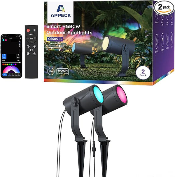 APPECK Smart Outdoor Spot Light 600lm, RGBCW+IC Color Changing Landscape Lights 2 Pack, IP65 Waterproof Low Voltage | Lumora