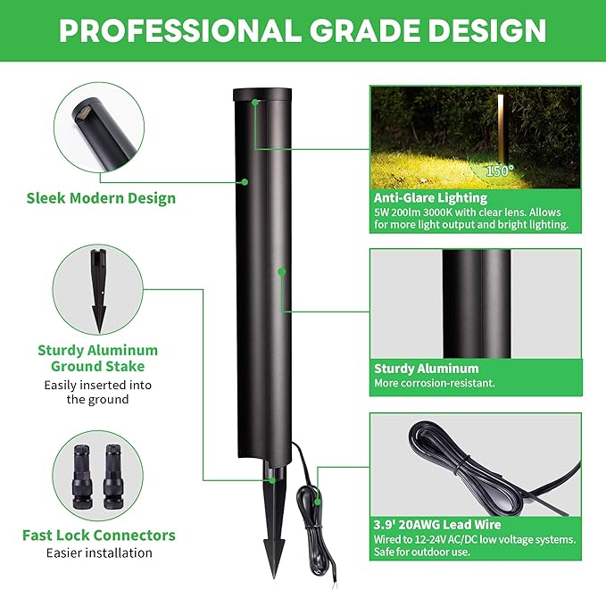 Landscape Path Lights, 12V Low Voltage Pathway Lights Wired, LED Outdoor Waterproof, 5W 200LM Black Aluminum for Yard Walkway Driveway Garden
