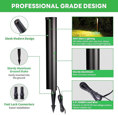 Low Voltage Pathway Lights, LED Landscape Path Lights, Outdoor Waterproof IP65, Wired Black Aluminum, 5W 200LM for Walkway Sidewalk 4 Pack